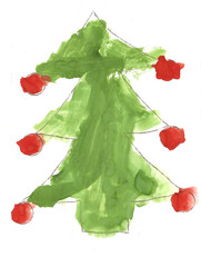 gouache drawing - Christmas tree, children's creativity Making a greeting card for Christmas or New Year.