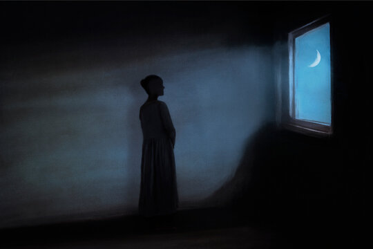 surreal moonlight enters the room and illuminates a woman, concept of energy and life
