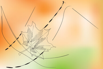 Elegant, romantic watercolor background with maple leaf. greeting card with a leaf on a green-orange background