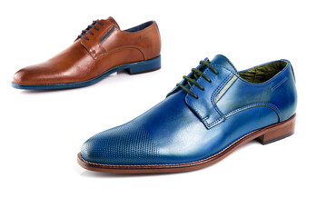 Male red and blue leather shoes on white background, isolated product. Differentiated footwear and exclusive design.