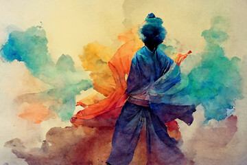 Tai chi master in the flow of color and harmony, spirit and mindfullness - 524657238