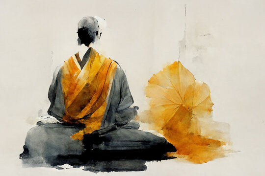 Buddhist monk meditating, abstract watercolor background, digital illustration