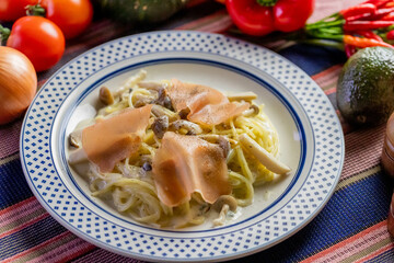 生ハムときのこのゴルゴンゾーラクリームパスタ