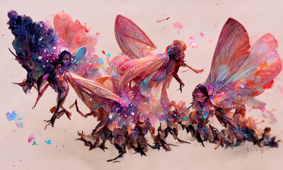 Abstract fantasy fairies with ornate wings flying in magical forest