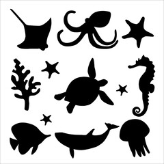 Underwater animals silhouettes set vector illustration isolated on white background