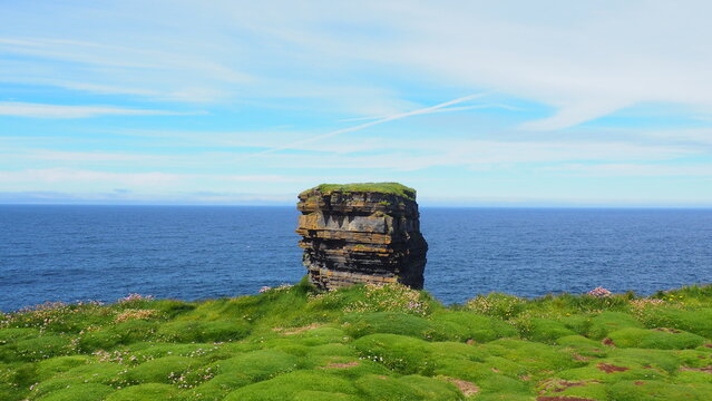 Downpatrick Head. Ballycastle, County Mayo, Ireland.

Downpatrick Head sea stack in County Mayo, Ireland. View of a lush and marshy bog in the foreground and the vast Atlantic Ocean in the background.