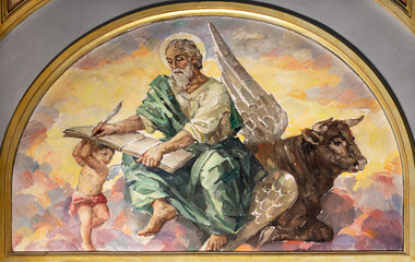VALENCIA, SPAIN - FEBRUARY 17, 2022: The painting St. Luke the Evangelist in church Iglesia El Buen...