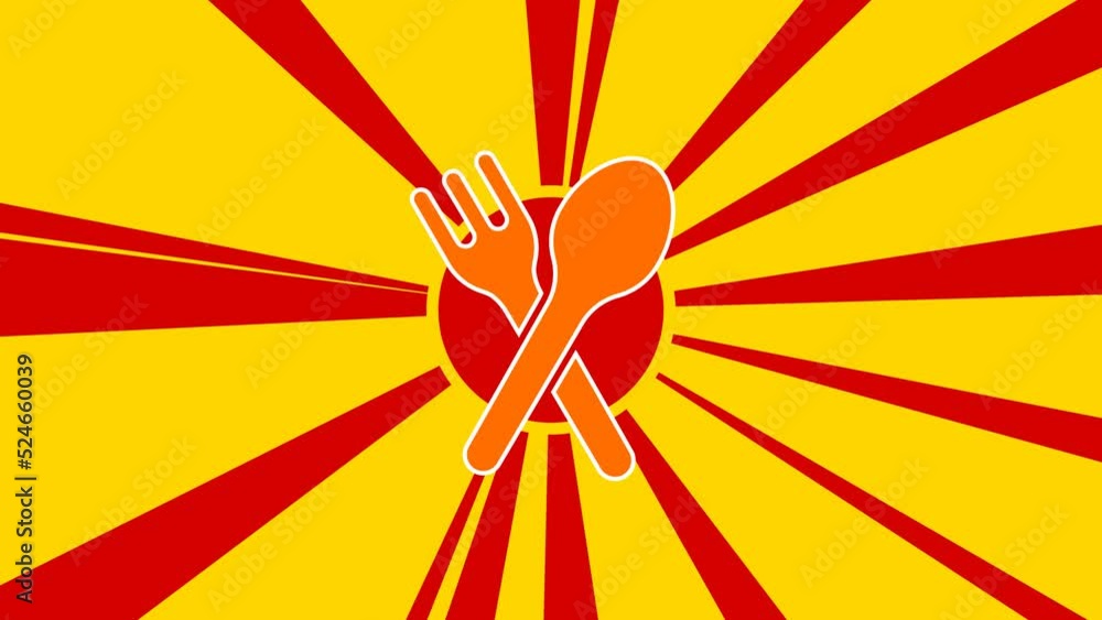 Poster dinner time symbol on the background of animation from moving rays of the sun. large orange symbol i