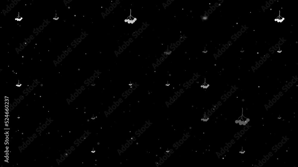 Poster Template animation of evenly spaced rowan berrys of different sizes and opacity. Animation of transparency and size. Seamless looped 4k animation on black background with stars