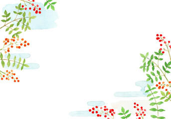 南天と青空の水彩画背景フレーム