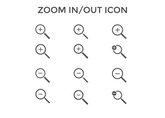 Set of zoom in out icons. Magnifying glass zoom in plus sign. Used for SEO or websites.
