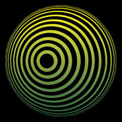 Obraz premium Illustrated 3D sphere with green neon gradient coloured on circle spiral and optical effects on a black background with clipping path. 