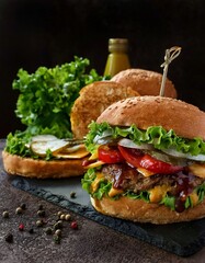 Fresh, homemade, delicious burger with beef or pork, tomatoes, cheese and lettuce leaves on a dark background. American food. The concept of fast food and junk food.