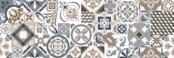 Traditional ornate Portuguese decorative tiles azulejos. Abstract background. Vector hand drawn illustration, typical portuguese tiles, Ceramic tiles. Set of mandalas - obrazy, fototapety, plakaty
