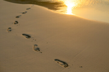 footprints on the beach at sunset