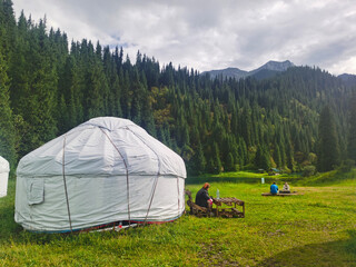 Yurt restaurant near a lake in Kazakhstan's mountains, Almaty region.