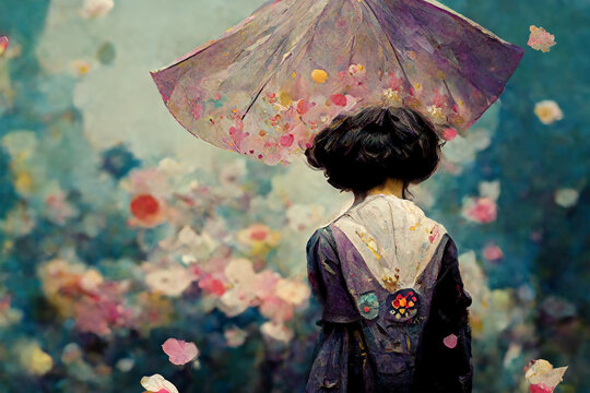 Illustrative Figure Of A Girl With Umbrella And Flowers (Takashi Murakami Style)