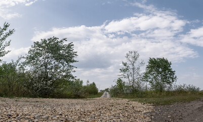 Kamienna droga prowadząca na wzgórze wokół obszarów zielonych i drzew na tle lekko pochmurnej pogody w porze letniej