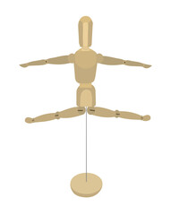 Wooden drawing mannequin that hanging or standing in air isolated on white background.