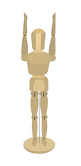 Flat wooden drawing mannequin that raising arms isolated on white background.