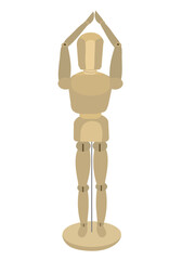 Wooden drawing mannequin that clasping hands above its head isolated on white background.