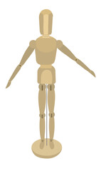 Flat wooden drawing mannequin with open arms isolated on white background.