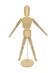 Wooden drawing mannequin with open arms and open legs isolated on white background.