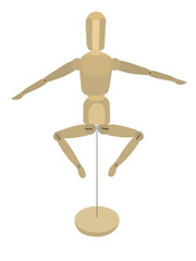 Wooden drawing mannequin that jumping isolated on white background.