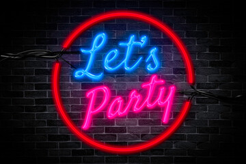 Let's party sign symbol neon banner, light signboard.