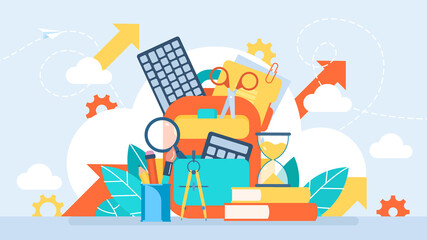 School supplies: backpack, magnifying glass, compass, scissors, pencil, hourglass, calculator, books, paper clip, keyboard, brush, notebook. Student office set. School. Flat style. Illustration