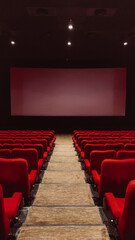 cinema auditorium with red chairs liminal space - obrazy, fototapety, plakaty
