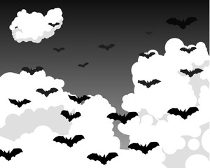 Vector Halloween background with illustration of bats flying above the clouds
