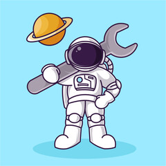 Astronaut with wrench Cartoon Illustration Vector file. Isolated Premium Vector icon, every object is on separated layer. Flat Cartoon Style