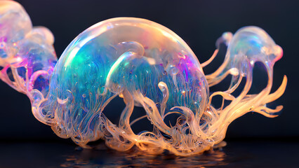 Fantastic jellyfish, amaging creatures of the underwater world. Beautiful background. Hi tech. AI.
