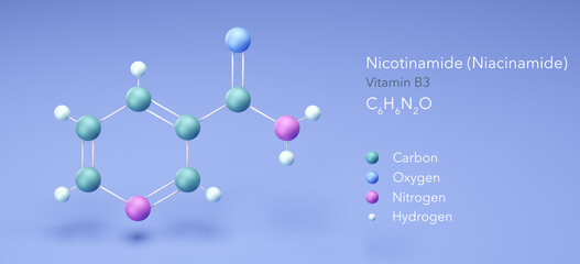 nicotinamide, niacinamide, vitamin b3, molecular structures, 3d model, Structural Chemical Formula and Atoms with Color Coding