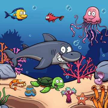 Cute sea creatures. Vector clip art illustration with simple gradients.