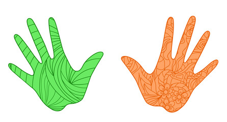 Hands on white. Abstract patterns on isolation background. Design for spiritual relaxation for adults. Zen art. Doodles for banner, poster, t-shirt or textiles