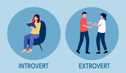 Introvert and extrovert personality character concept vector illustration. Introvert woman enjoy reading book alone. Extrovert people are talkative and enjoy meeting new people. - obrazy, fototapety, plakaty