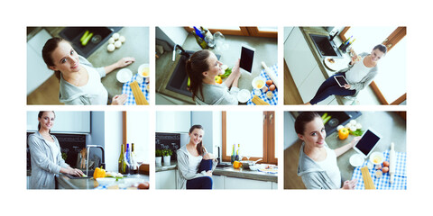 Obraz na płótnie Canvas Woman using mobile phone sitting in modern kitchen.