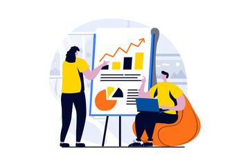 Strategic planning concept with people scene in flat cartoon design. Man and woman discussing work task, brainstorming, business development and data analysis. Illustration visual story for web