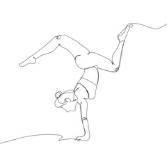 Woman handstand one line art. Continuous line drawing sports, fitness, physical education, athletics, asanas, yoga, strength, athletic body, athlete, girl, gym, stretching, sexy body.