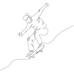 Guy doing tricks on a skateboard one line art. Continuous line drawing sports, training, sport, leisure, teenager, doing tricks, street culture, subculture, urban, extreme, youth man, stadium.