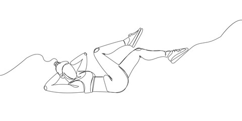 Woman doing abdominal exercise one line art. Continuous line drawing sports, fitness, pilates, athletics, strength, athletic, asana, athlete, woman, gym, stretching, sexy body workout.
