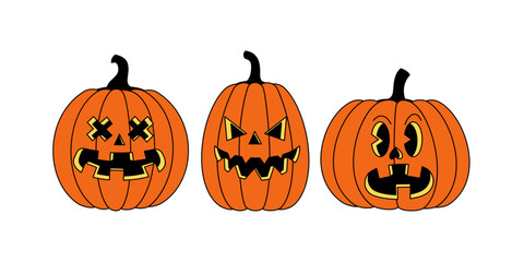 Halloween pumpkins isolated on white background. Vector illustration in cartoon trendy comic retro style.