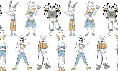 Naklejka premium Vector seamless pattern with funny animals in clothes in children s primitive style. Hand drawn vector endless background