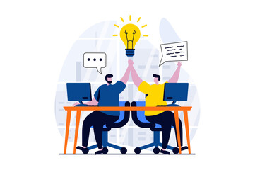 Teamwork concept with people scene in flat cartoon design. Men working together in team at office, cooperation for achievement goals, colleague collaboration. Illustration visual story for web