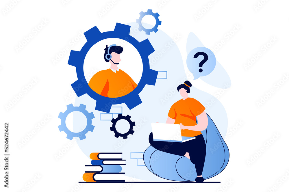 Poster technical support concept with people scene in flat cartoon design. woman chatting to operator with 