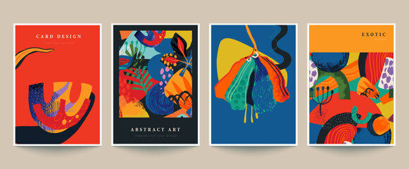 Set of four vector pre-made cards or posters in modern abstract style with nature motifs, flowers, leaves and hand drawn texture.