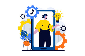 Technical support concept with people scene in flat cartoon design. Woman in headset answer calling from clients and generating ideas for solving problems. Illustration visual story for web