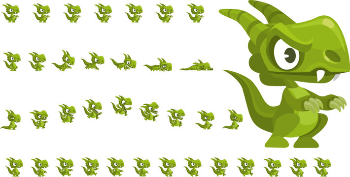 Animated cute  game character for creating adventure games.  Green cartoon dinosaur with horns